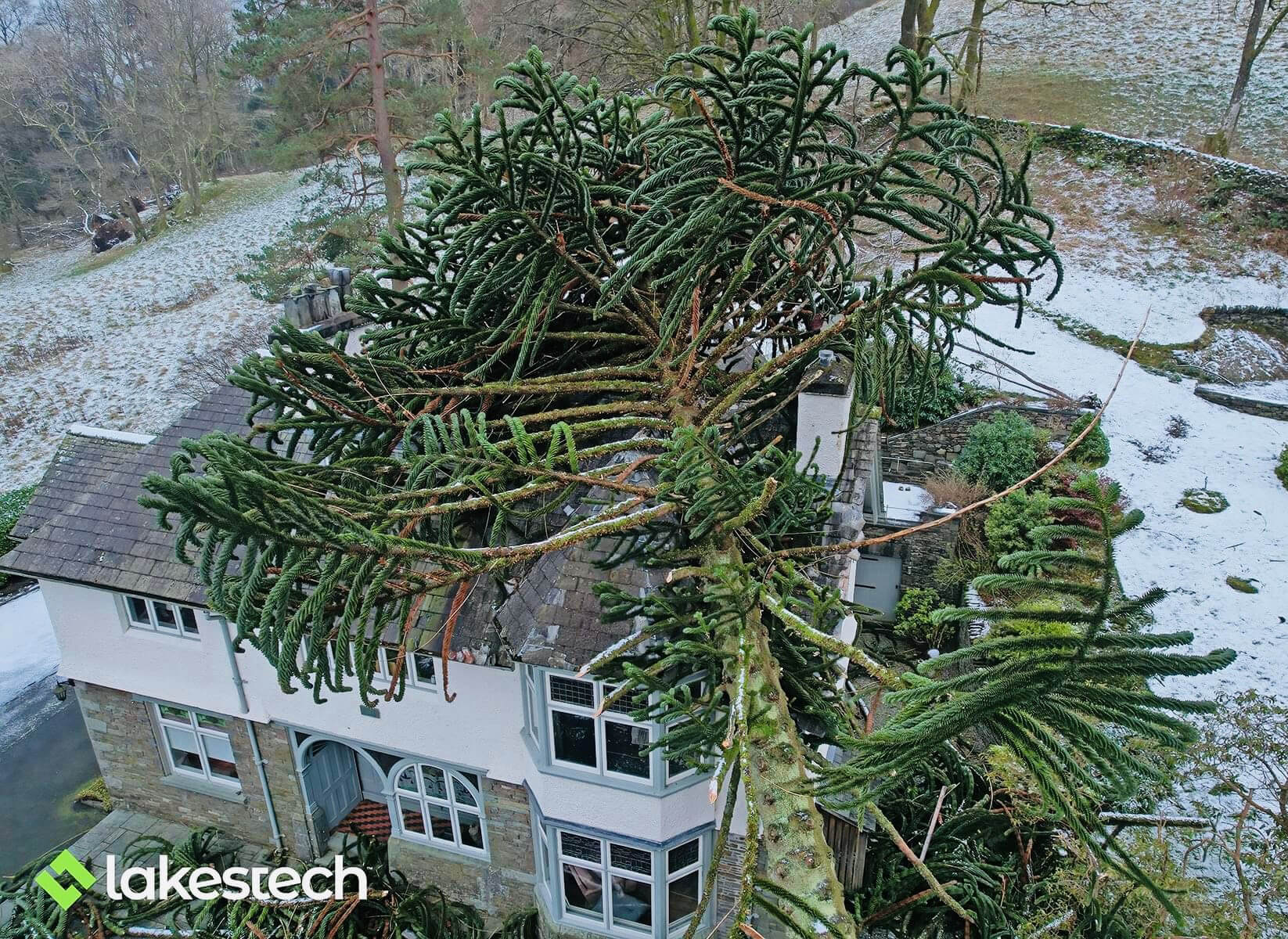 Drone images of storm damage on residential and commercial properties - Eskdale, Holmrook, Gosforth, Whitehaven, Workington, Cumbria, Lake District